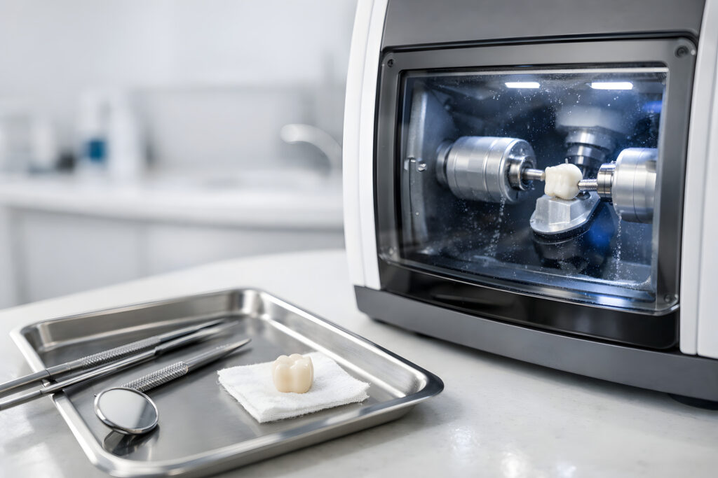 Same-day dental crown and milling machine in modern dental office